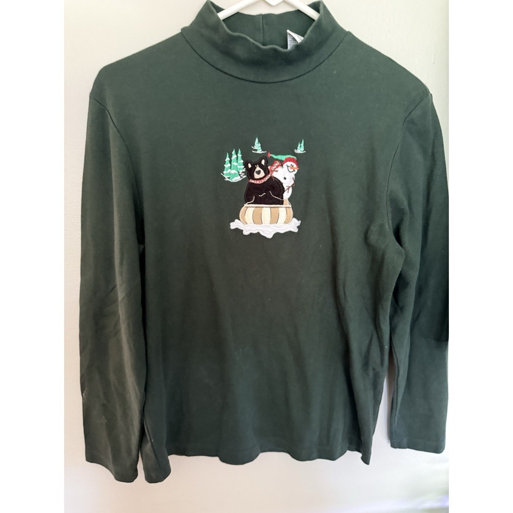 Croft & Barrow SZ M Christmas Holiday Snowman Bear Sled Mock Turtleneck Top